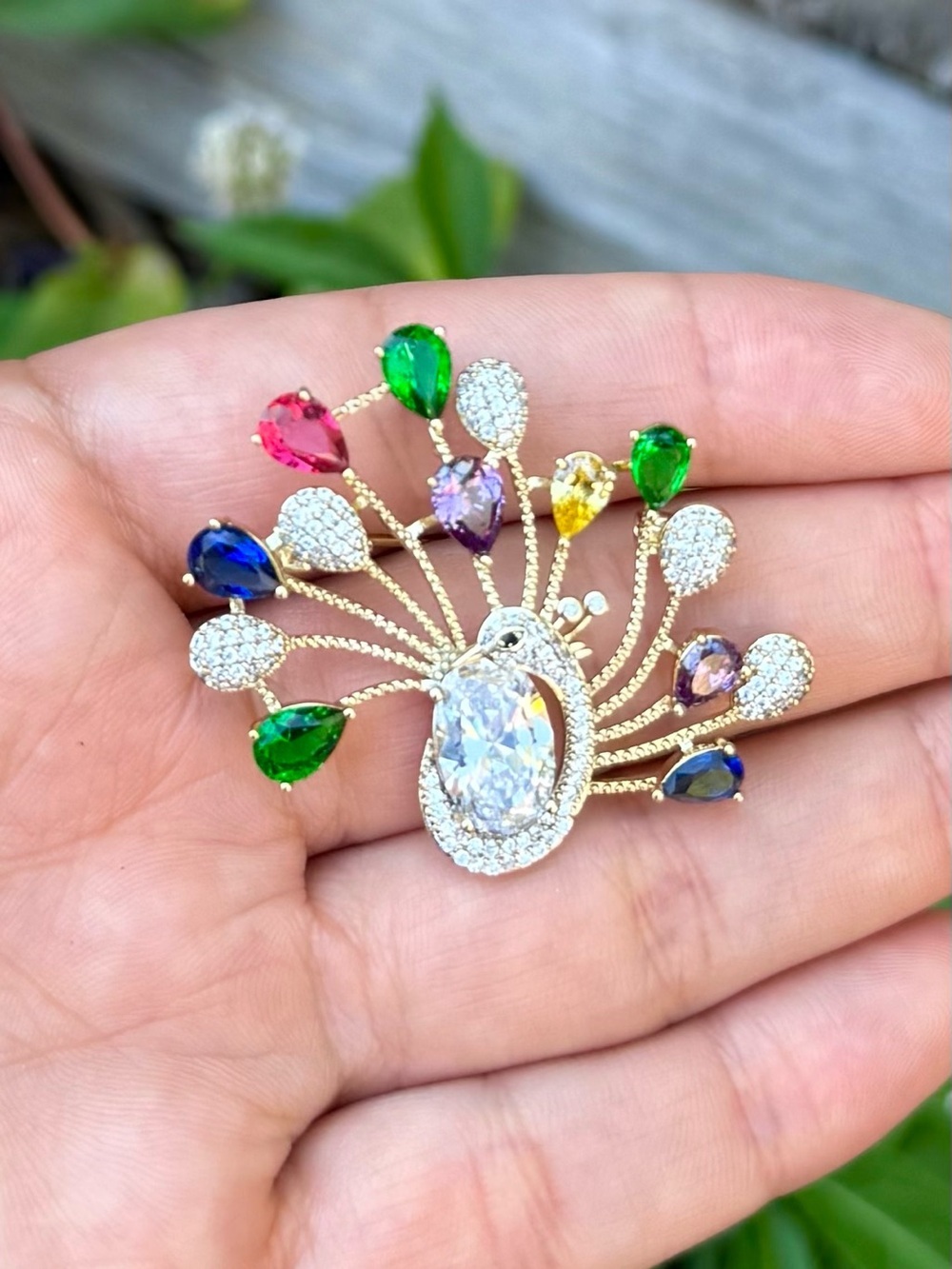 Gold Peacock Brooch with Multicolor Gemstones - Picture 4 of 4